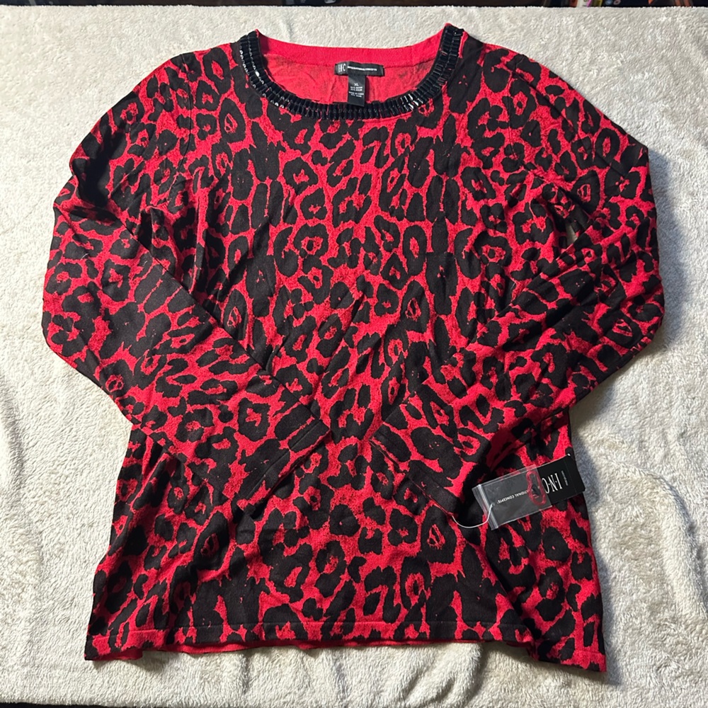 INC International Concepts Red and Black Leopard Print Long Sleeve Top